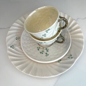 Belleek Shamrock Cups and Saucers with Plate
